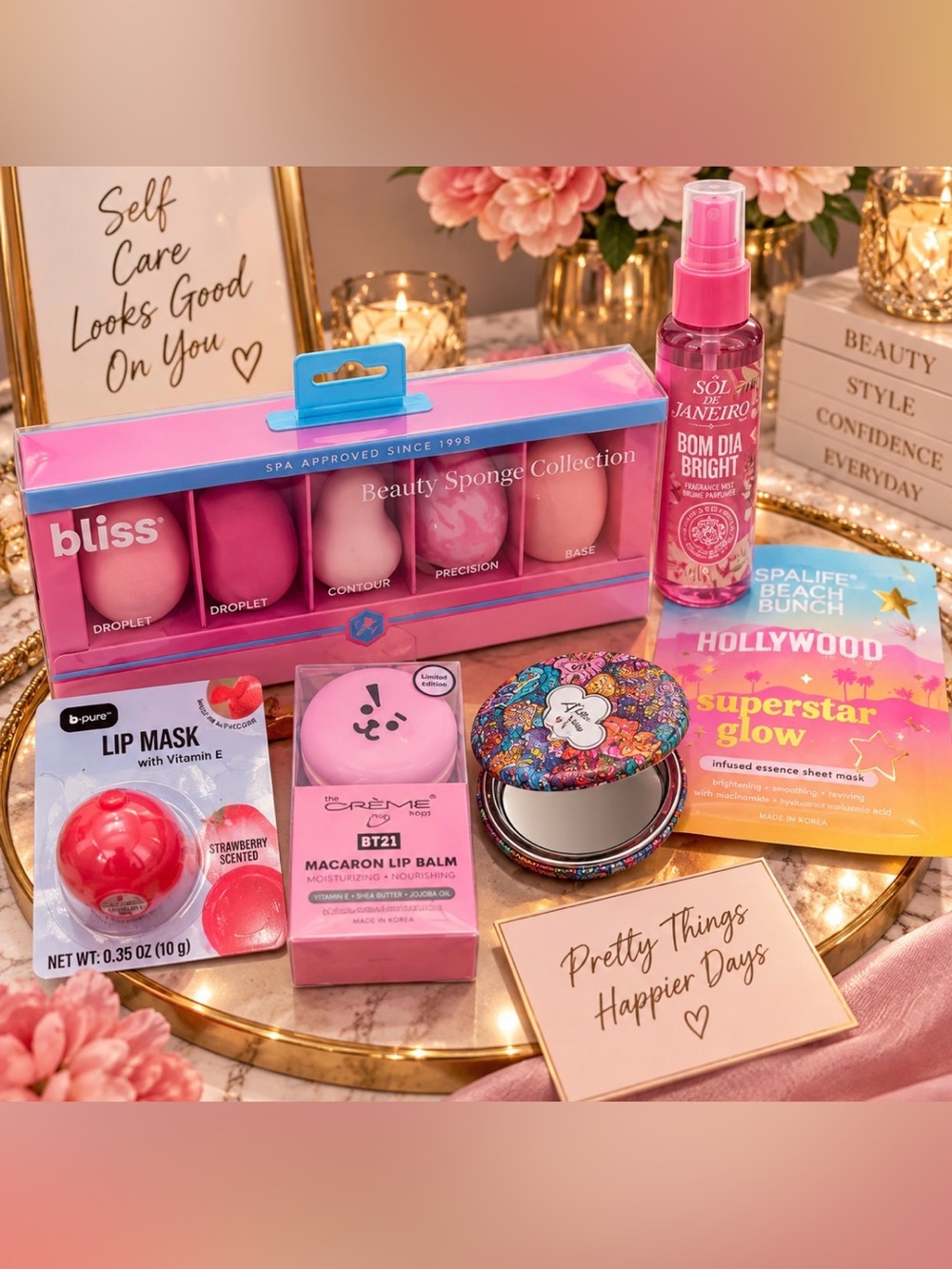 bliss Beauty Sponge Set and Pink Skincare Bundle 6pcs